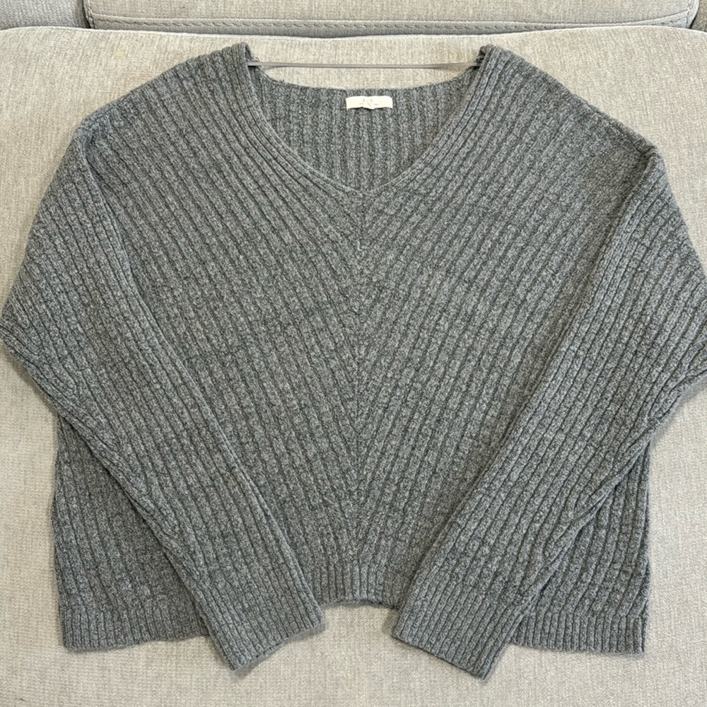 Grey V-Neck Knit Sweater
